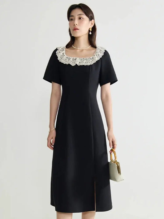 Elegant Black Lace Short Sleeve Long Dress
