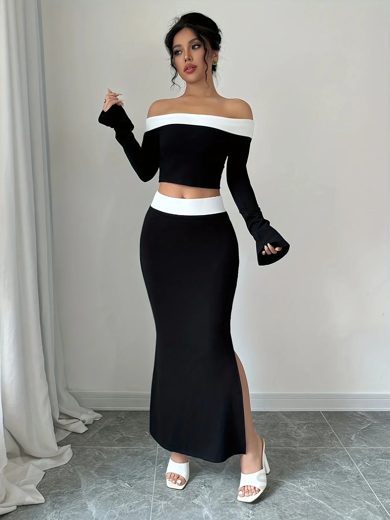 Plus Size Women's 2-Piece Set Black & White Off-Shoulder Long Sleeve Crop Top+Slit Mermaid Skirt Party Club Outfit (0XL-4XL)