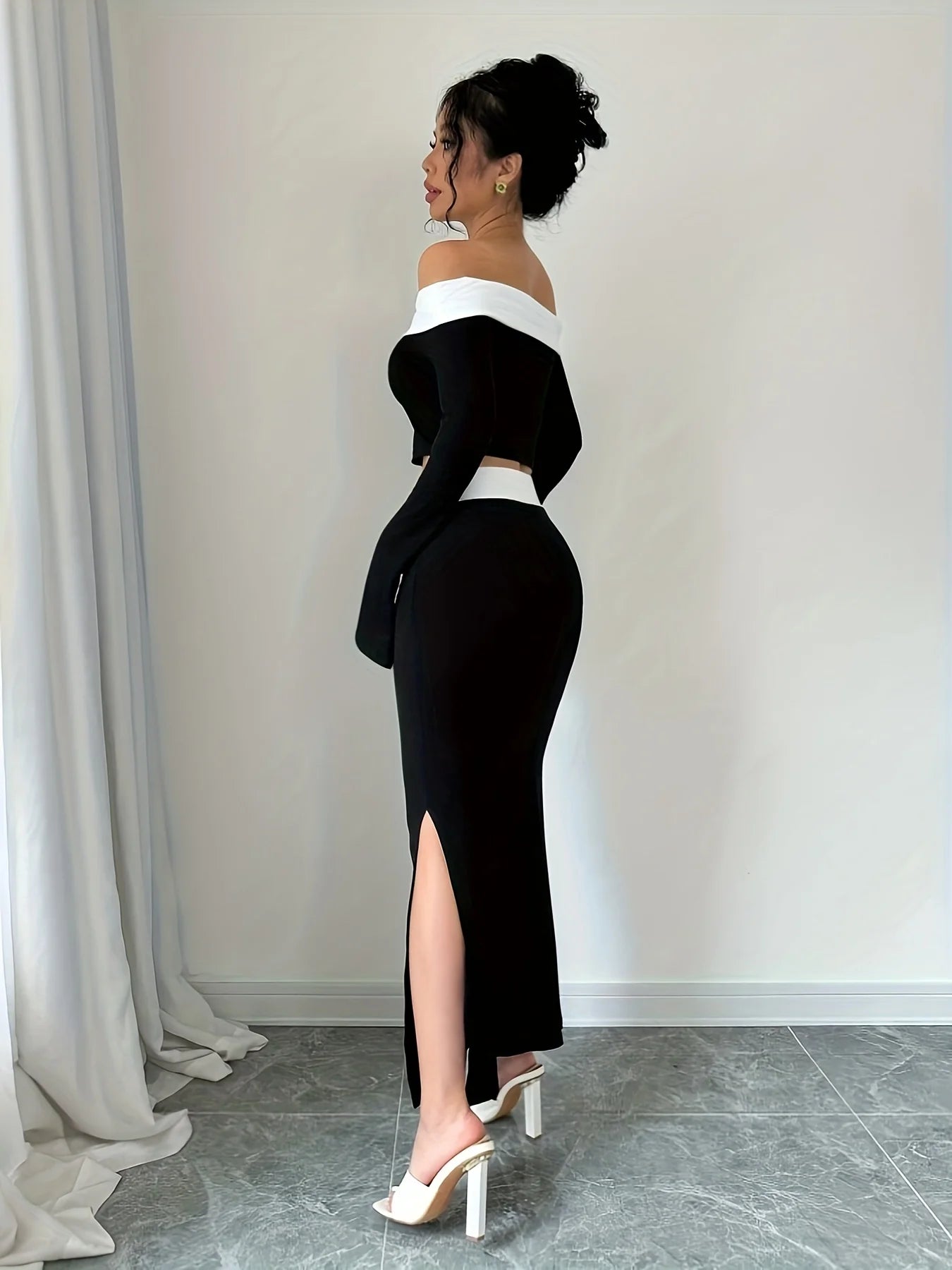 Plus Size Women's 2-Piece Set Black & White Off-Shoulder Long Sleeve Crop Top+Slit Mermaid Skirt Party Club Outfit (0XL-4XL)