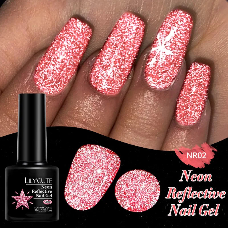 LILYCUTE 7ml Neon Reflective Nail Gel Polish Dark Flash Glitter Effect Fluorescent Gel Soak Off UV Gel Summer Nail Art Varnish