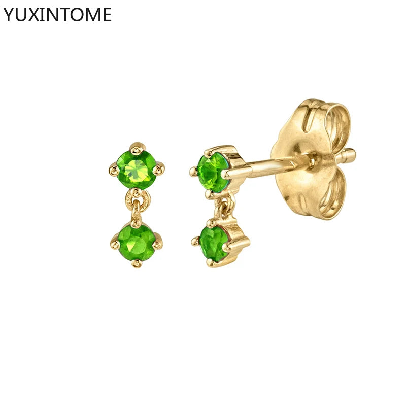 925 Sterling Silver Ear Needle Green Zircon Stud Earrings for Women Luxury Long Chain Geometric Gold Earrings Fashion Jewelry