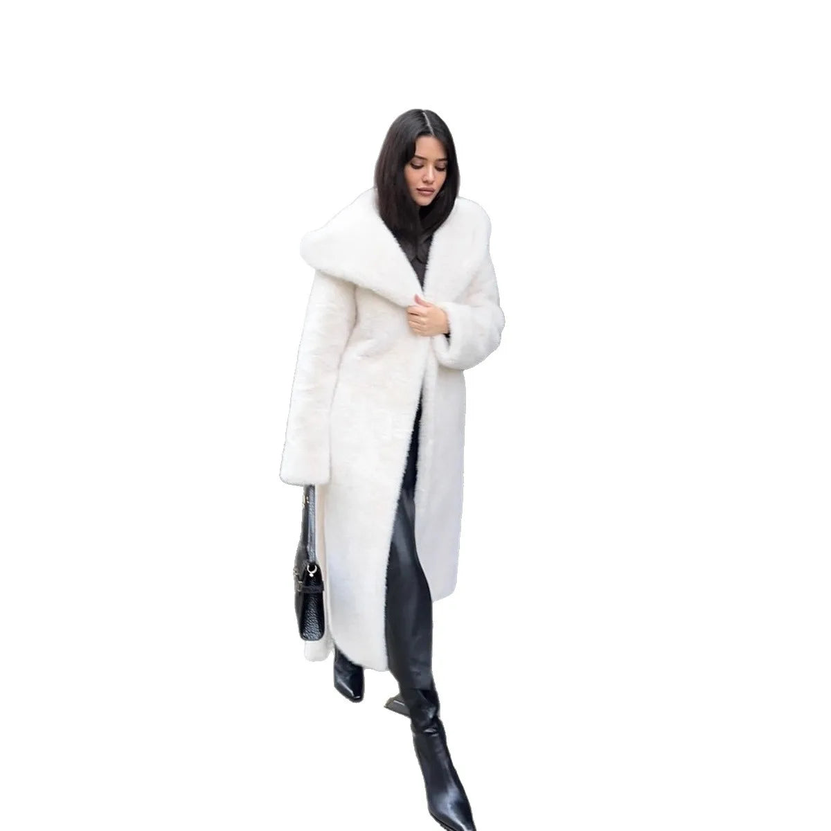 Belted Winter Women Artificial Fur Jacket Thick Cinched Waist Fur Trim Hooded Female Eco Fur Coat Long Warm Lady Faux Fur Coat