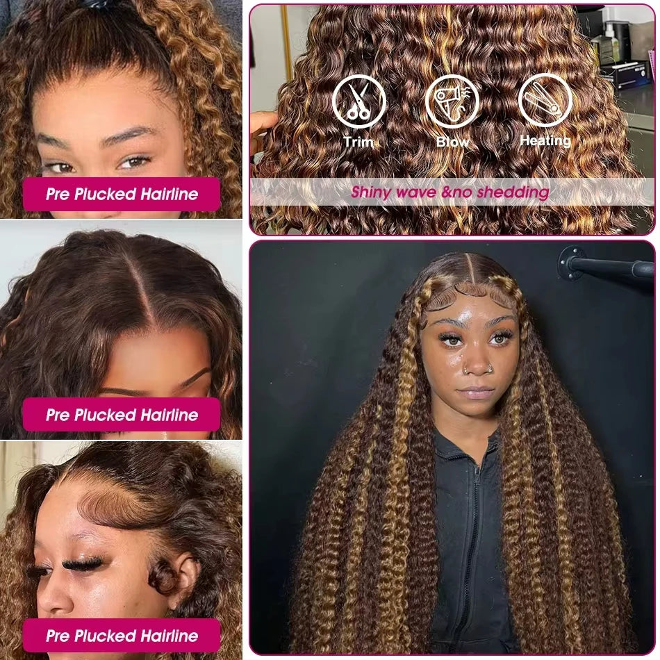 40 Inch Highlight Deep Wave Human Hair Lace Front Wig with 13x6 HD Lace, Pre-Plucked Hairline, 200 Density Curly Wig, Long Highlighted Brown Human Hair Wig, Soft Bouncy Curls, Heat Styleable, Natural Looking Lace Frontal Wig for Women, Glueless Deep Wave Wig, Premium Remy Human Hair Hairpiece, No Shedding, Fashion Beauty Hair Extension