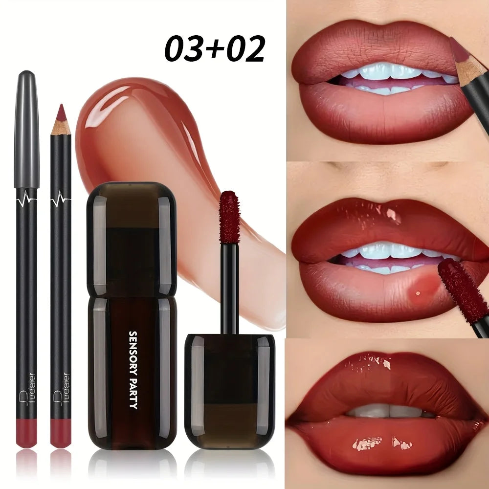 Pudaier Lip Gloss & Lip Liner Set, Hydrating Long Lasting Waterproof Non-Smudge Lip Makeup, Smooth Lip Kit for Women