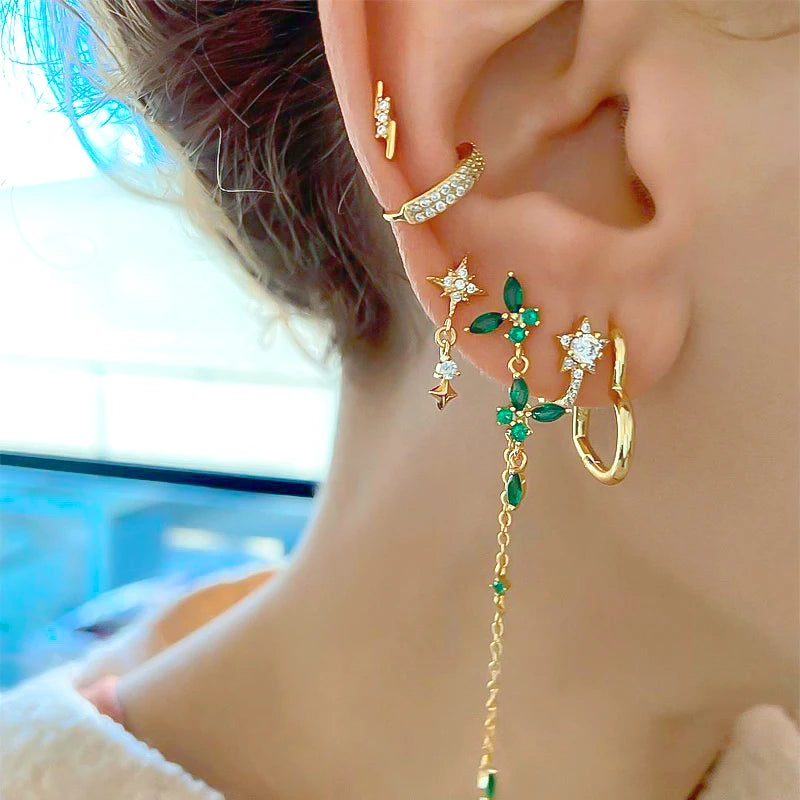 925 Sterling Silver Ear Needle Green Zircon Stud Earrings for Women Luxury Long Chain Geometric Gold Earrings Fashion Jewelry