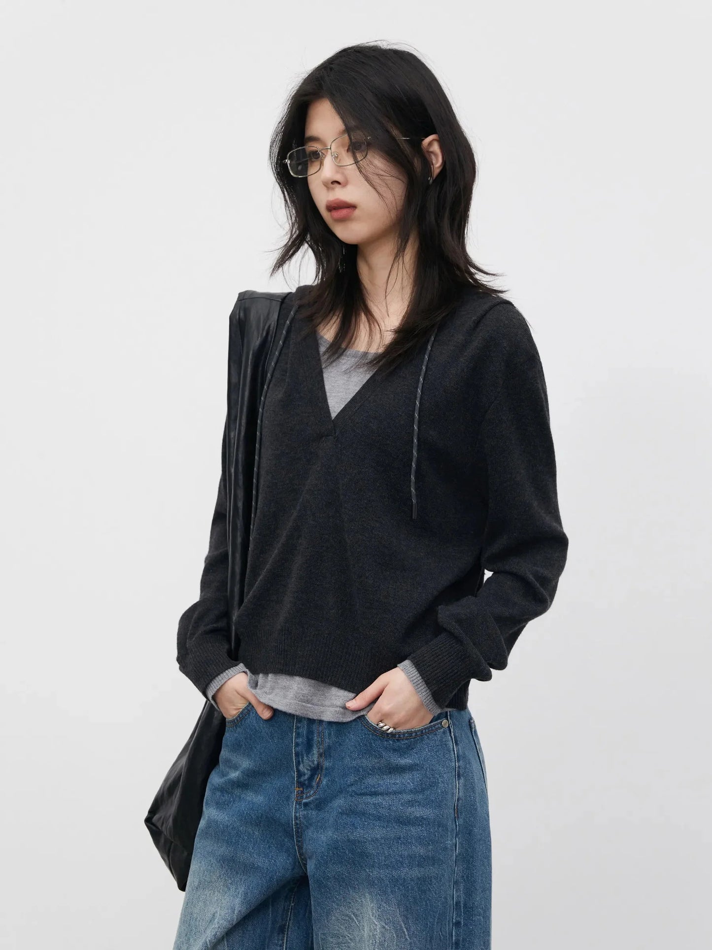 Casual Contrast Color Hooded Pullover - Loose Knit Sweater