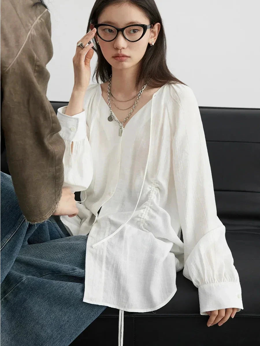 Women’s V-Neck Lace-Up Blouse Loose Pleated Spring Top