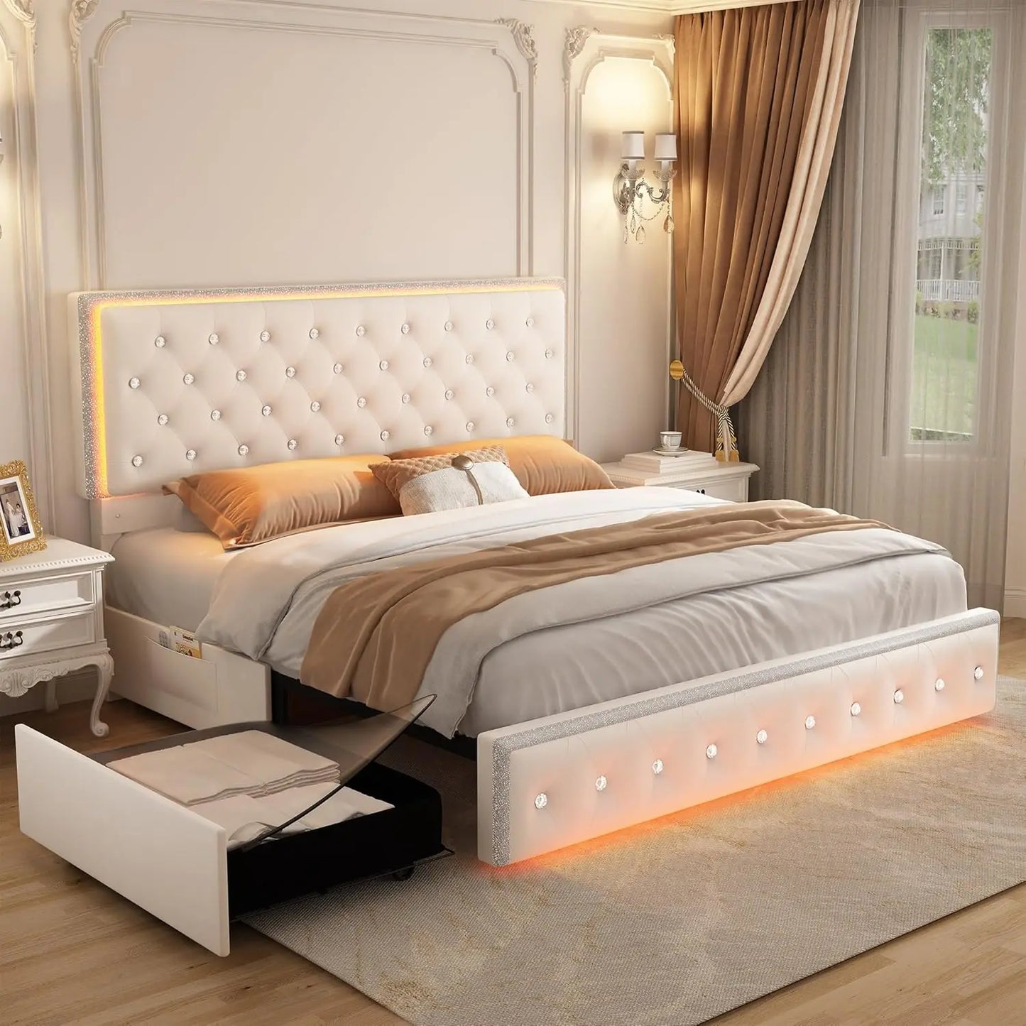 LED Bed Frame with 2 Drawers, Storage Platform Beds with Upholstered Crystal Button Tufted Headboard Footboard, 2 Side