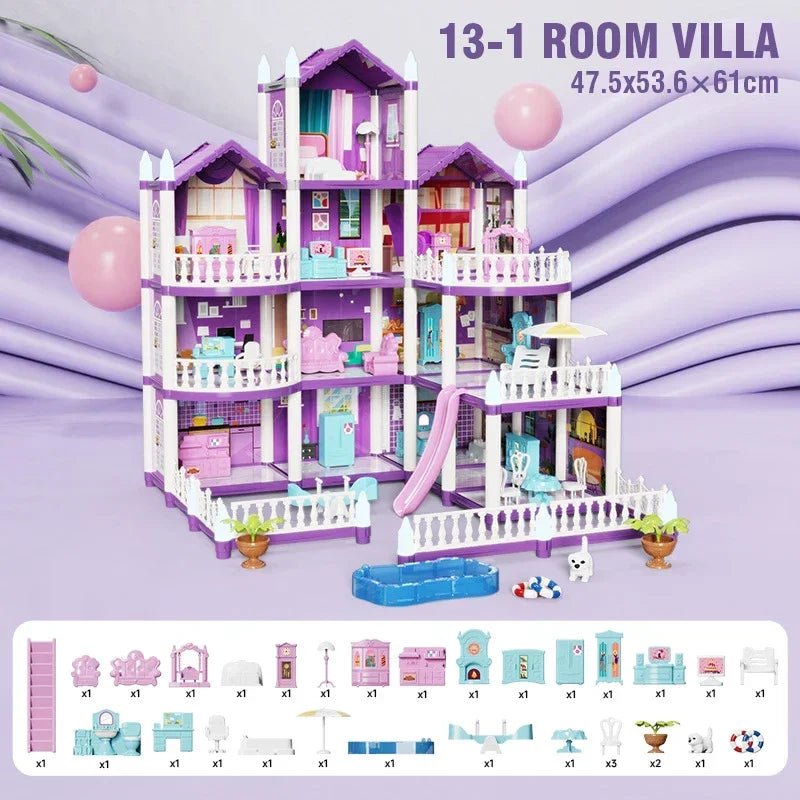 Large Doll House Assembly Villa House 3D Diy Dream Princess Castle Villa Assembly Doll House Set Toy Girl Pretend Family Toy