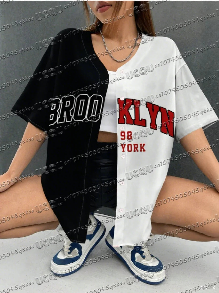 Summer Women's Baseball Jersey Brooklyn Button T-shirt Jersey Men's Short Sleeve Casual Button Streetwear Sport Top