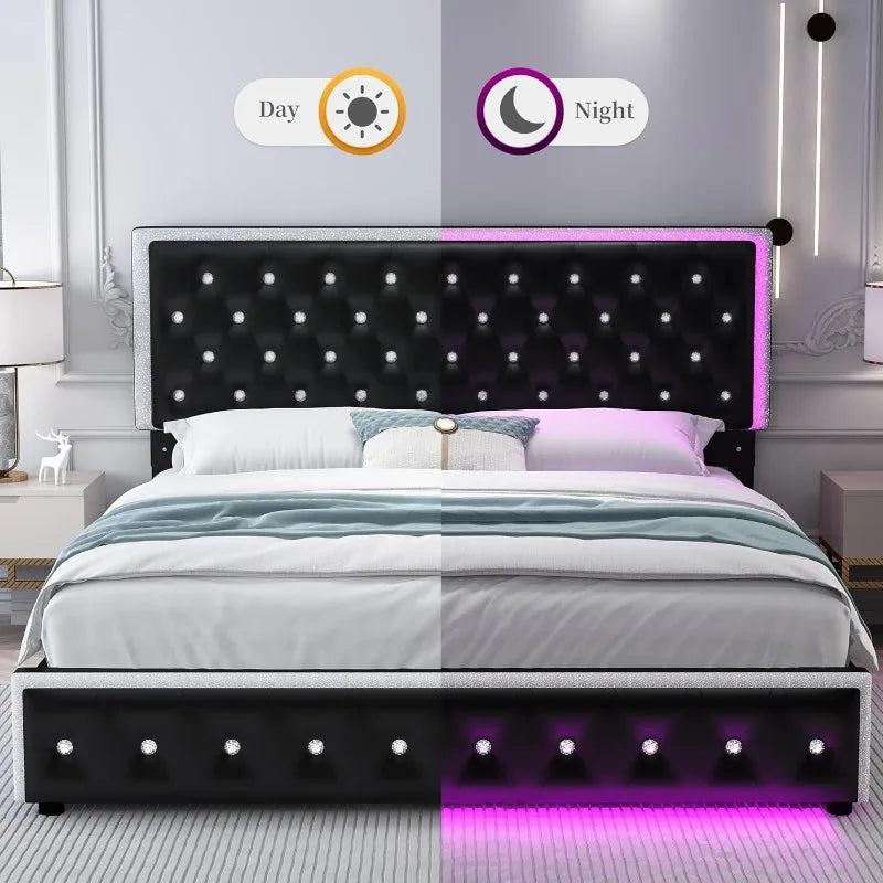 LED Bed Frame with 2 Drawers, Storage Platform Beds with Upholstered Crystal Button Tufted Headboard Footboard, 2 Side