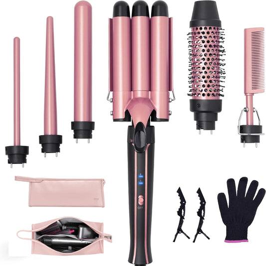 Curling Iron Wand Set 6-in-1 Hair Curler with 3 Barrel Hair Crimper, Spiral Curling Iron - Fast Heating Styling Tools for Women