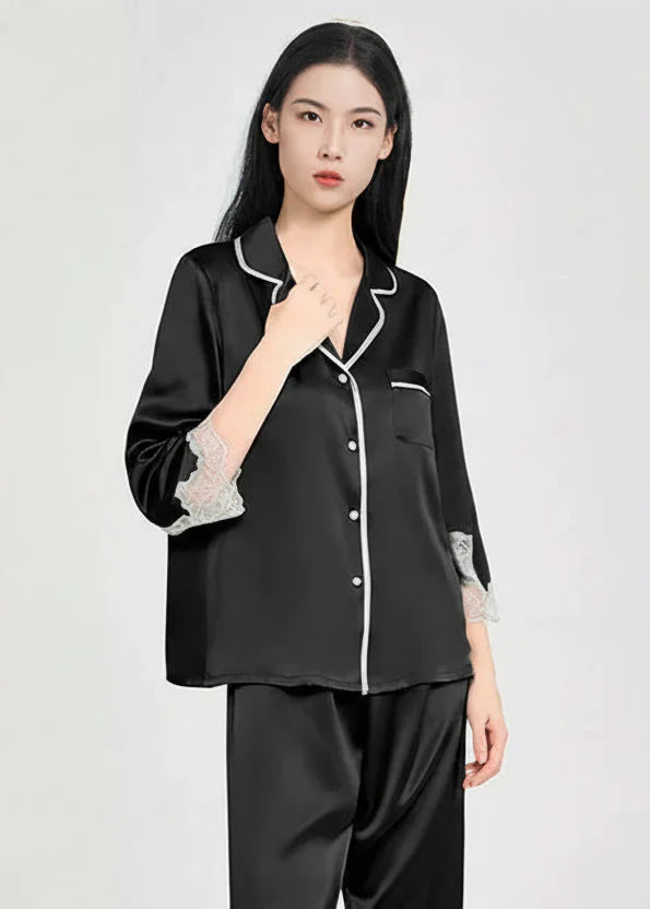 Mulberry Silk Pajama Set with Lace Trim 3-Piece Loungewear