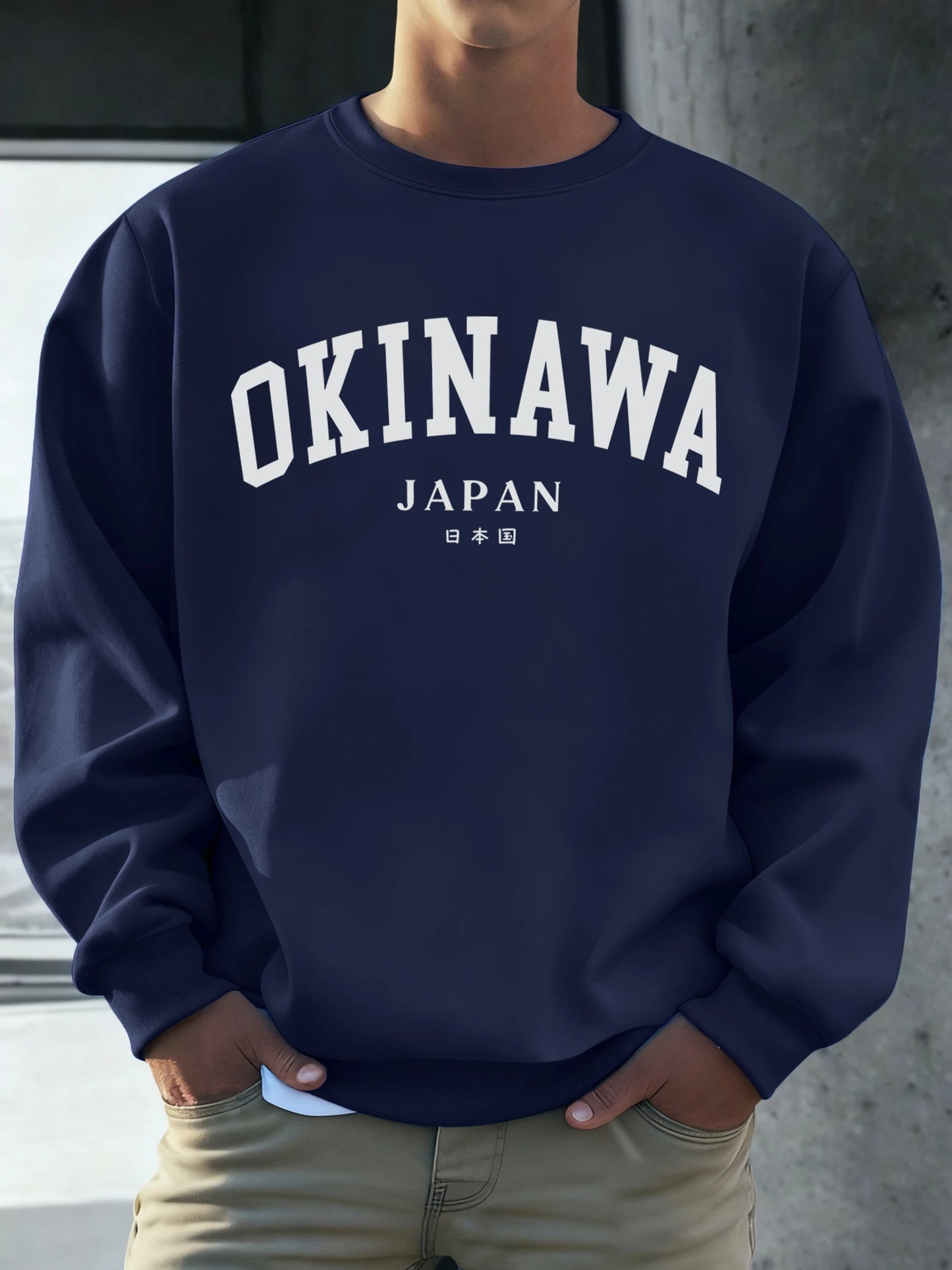 Okinawa Japan Letter Printed Male Sweatshirt Hip Hop Simple Long Sleeve Fleece Trendy Pullovers Unisex Loose All-Match Clothes