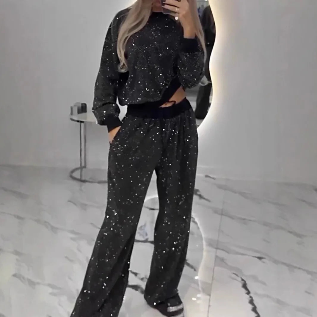 Spring Autumn Fashion Sequin Suit For Women 2025 Elegant O Neck Pullover Tops Lace Up Long Pant 2 Piece Set Lady Sports Suit