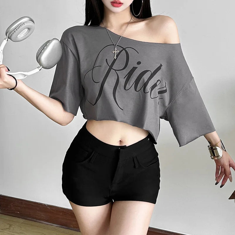 Letter Print Oversized Tees Women Skew Collar Off Shoulders Short Sleeves T-shirt Irregular Hem Hip-hop Style Trend Crop Tops