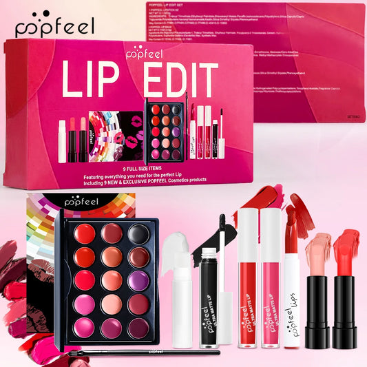 POPFEEL Lip Edit Set | Full-Size Lip Kit w/ Liners, Gloss & Palette | Essential Makeup Set for Perfect Lips | Trendy Beauty Gift