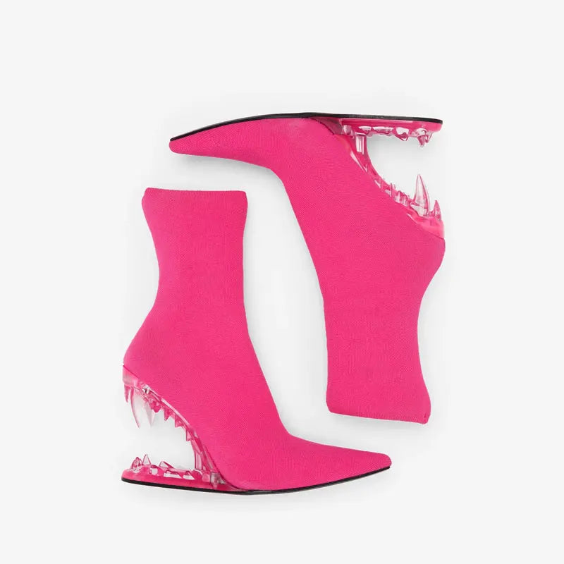 Women's New Pointed Patent Leather Tiger Teeth Slope Heel Fashion Elastic and Calf Short Boots