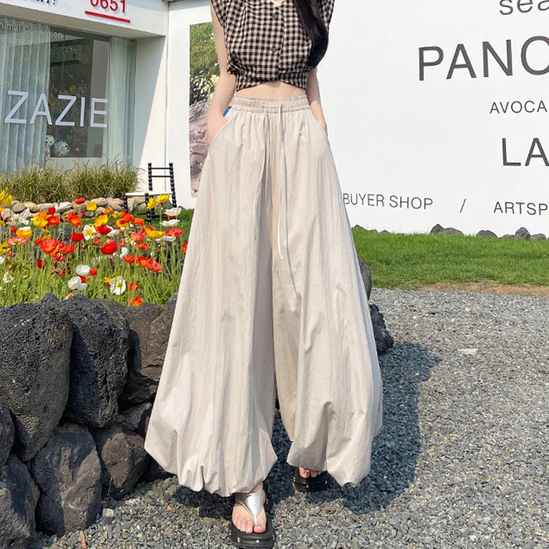 Women's Oversized High Waist Wide Leg Pants Spring Summer Solid Color Casual Cropped Pants Woman Loose Puffy Lantern Trousers