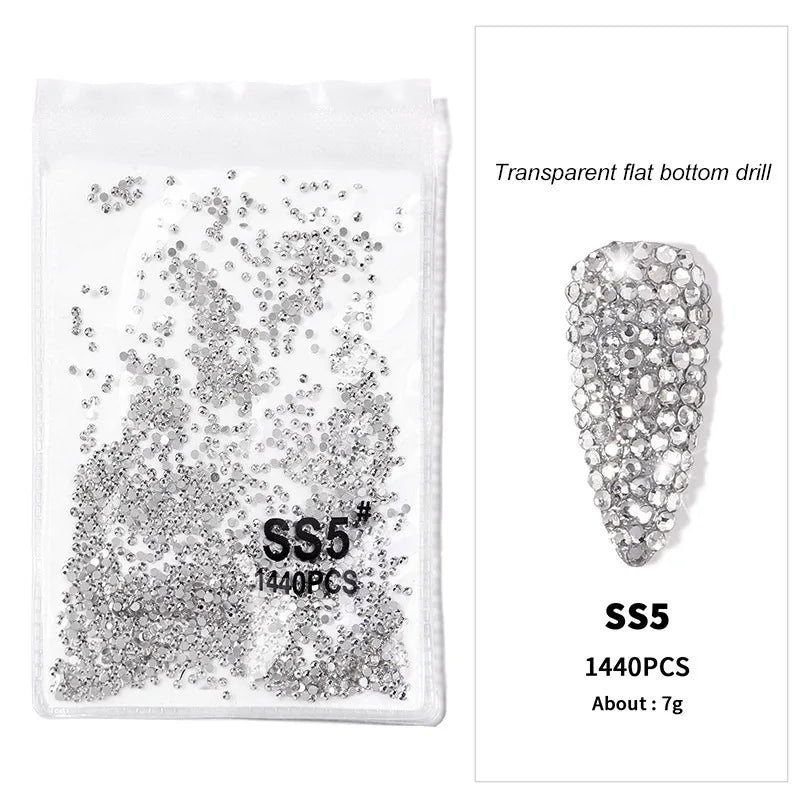 1440pcs Nail FlatBack Crystal Rhinestone Clear/AB Glass Strass (SS3-SS20)3D Nail Gem Stones Non-HotFix Nail Rhinestone 1.3-4.8mm
