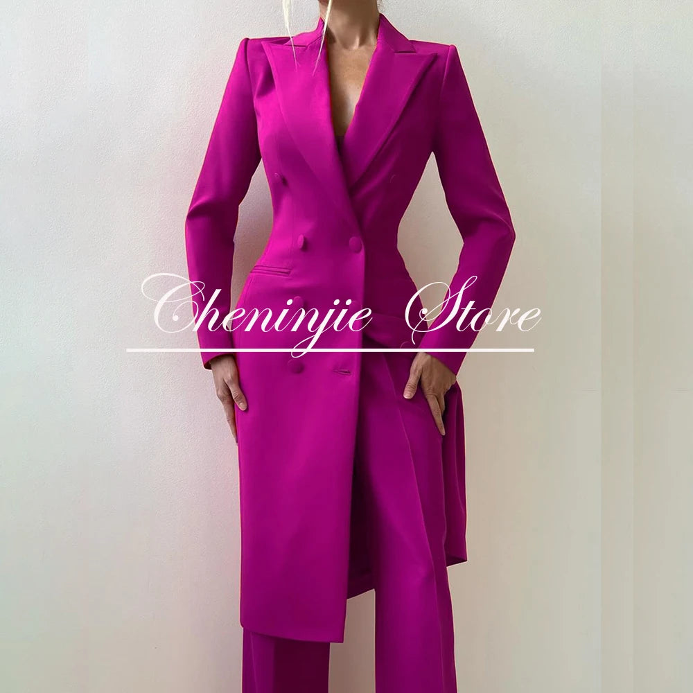Customized Elegant Slim Fit Women's Suits 2 Piece Blazer Double Breasted Peak Lapel Long Jacket Pants Sets Fashion Clothing 2025