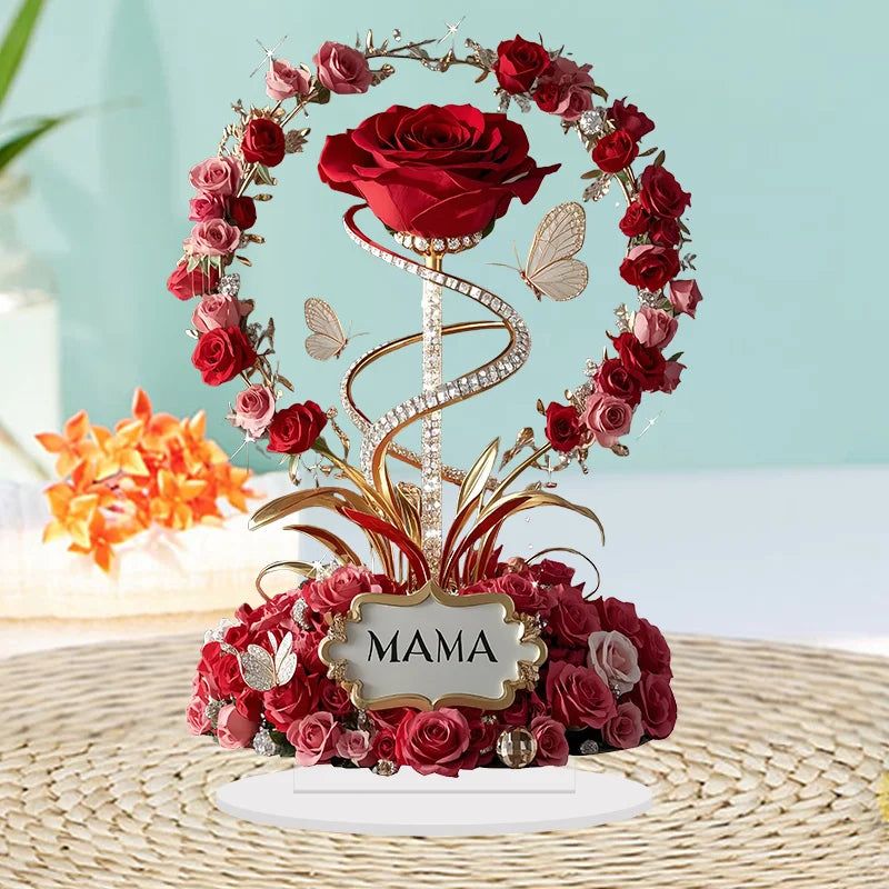 Mother's Day Gift Artificial Floral Arrangement 2D Acrylic Ornament Red Rose MAMA Pattern Roses - Flat Elegant Desk Decoration