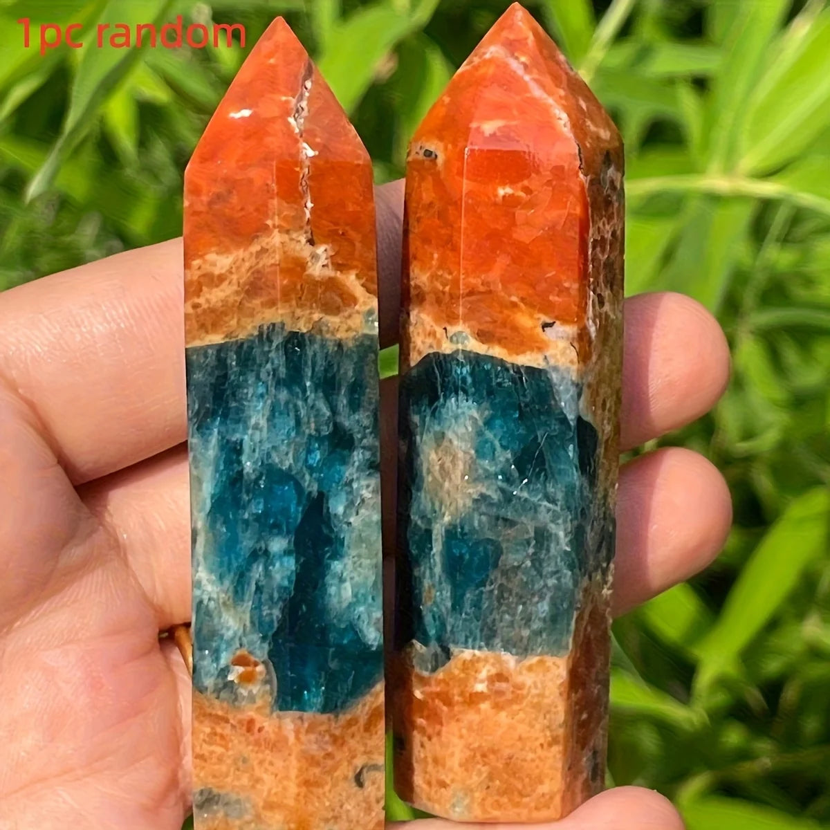 One Piece of Unique Blue Apatite Combined with Sunstone in a Crystal Tower Form - a Natural Gradient from Orange to Blue