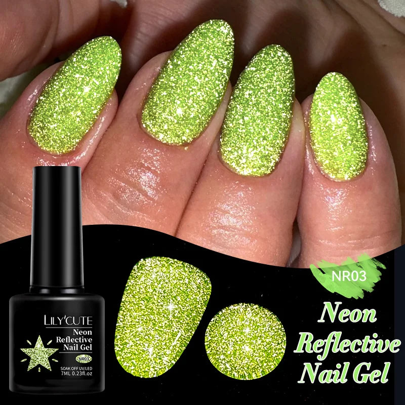 LILYCUTE 7ml Neon Reflective Nail Gel Polish Dark Flash Glitter Effect Fluorescent Gel Soak Off UV Gel Summer Nail Art Varnish