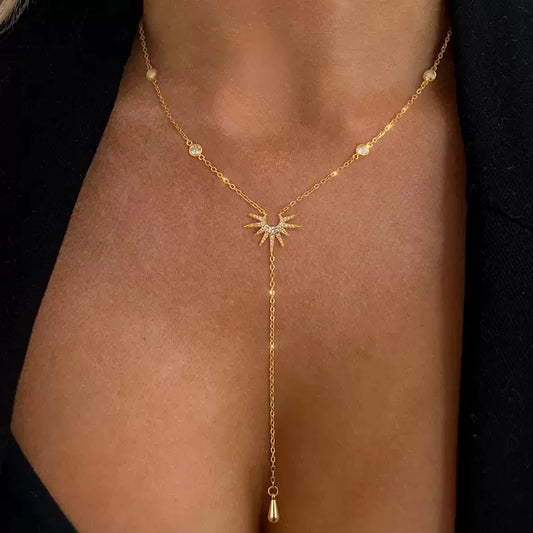 Vintage Gold Color Long Chain Water Drop Necklaces for Women Simple Metal Zircon Sun Geometric Tassel Choker Aesthetics Jewelry