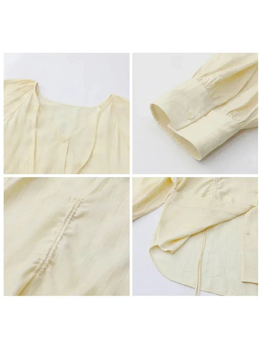 Women’s V-Neck Lace-Up Blouse Loose Pleated Spring Top