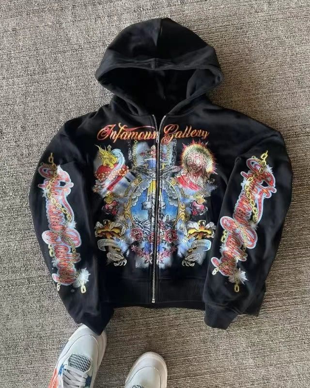Street clothing retro pattern printed loose fitting men hoodie Gothic rock Harajuku men and women sportswear zippered hoodie