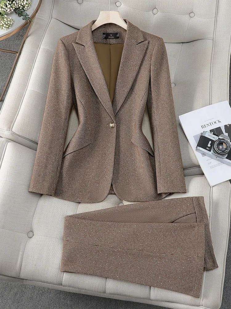 Fashion Winter Women's Pant Suit Ladies Female Business Work 2 Piece Set Red Coffee Gray Formal Blazer Jacket And Trouser