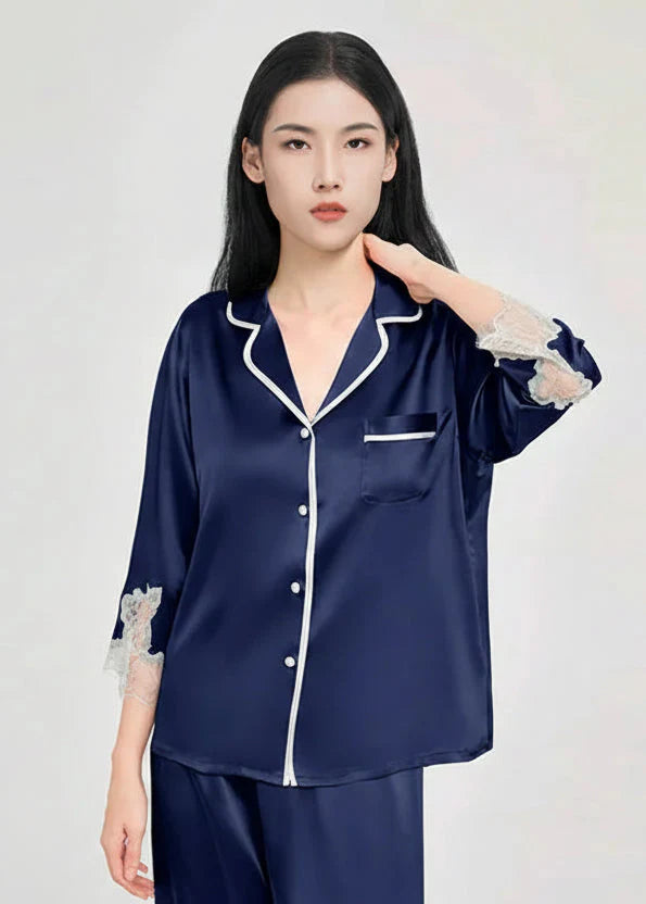 Mulberry Silk Pajama Set with Lace Trim 3-Piece Loungewear