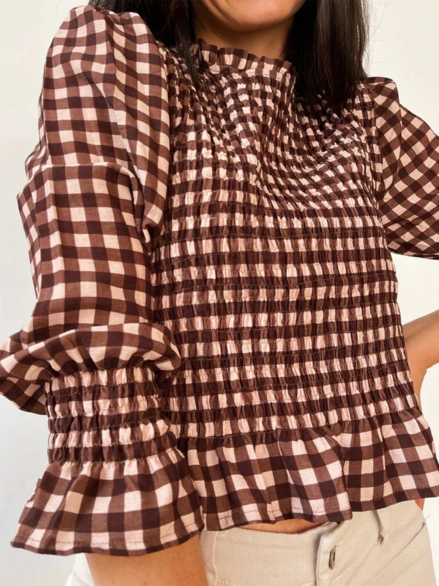 Women Fashionable Casual Round Neck Smocked Bubble 3/4 Sleeve Tops Summer Fall Plaid Print Ruffled T-shirts