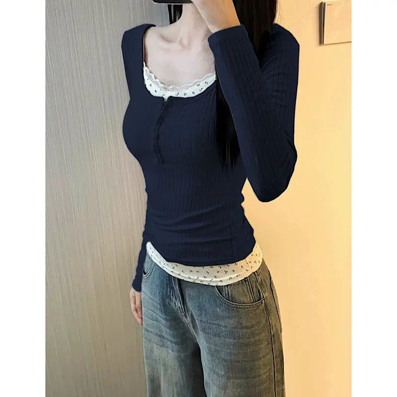 Women Streetwear Fake Two Pieces Long Sleeve T-shirt Floral Lace Trim Casual Slim Fit Tees Female Autumn Winter Bottoming Top