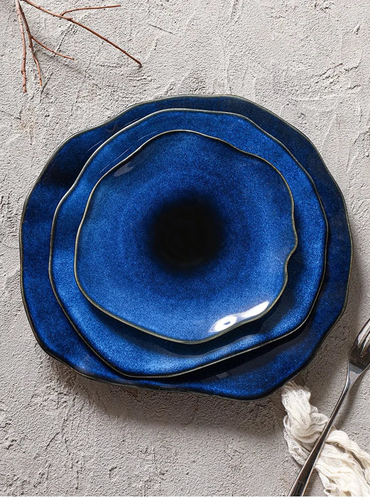1PCS Cat Eye Blue Color NEW Japanese Ceramic Food Dish Flat Plate Pottery Irregular Dish Dinnerware Steak Display Dish