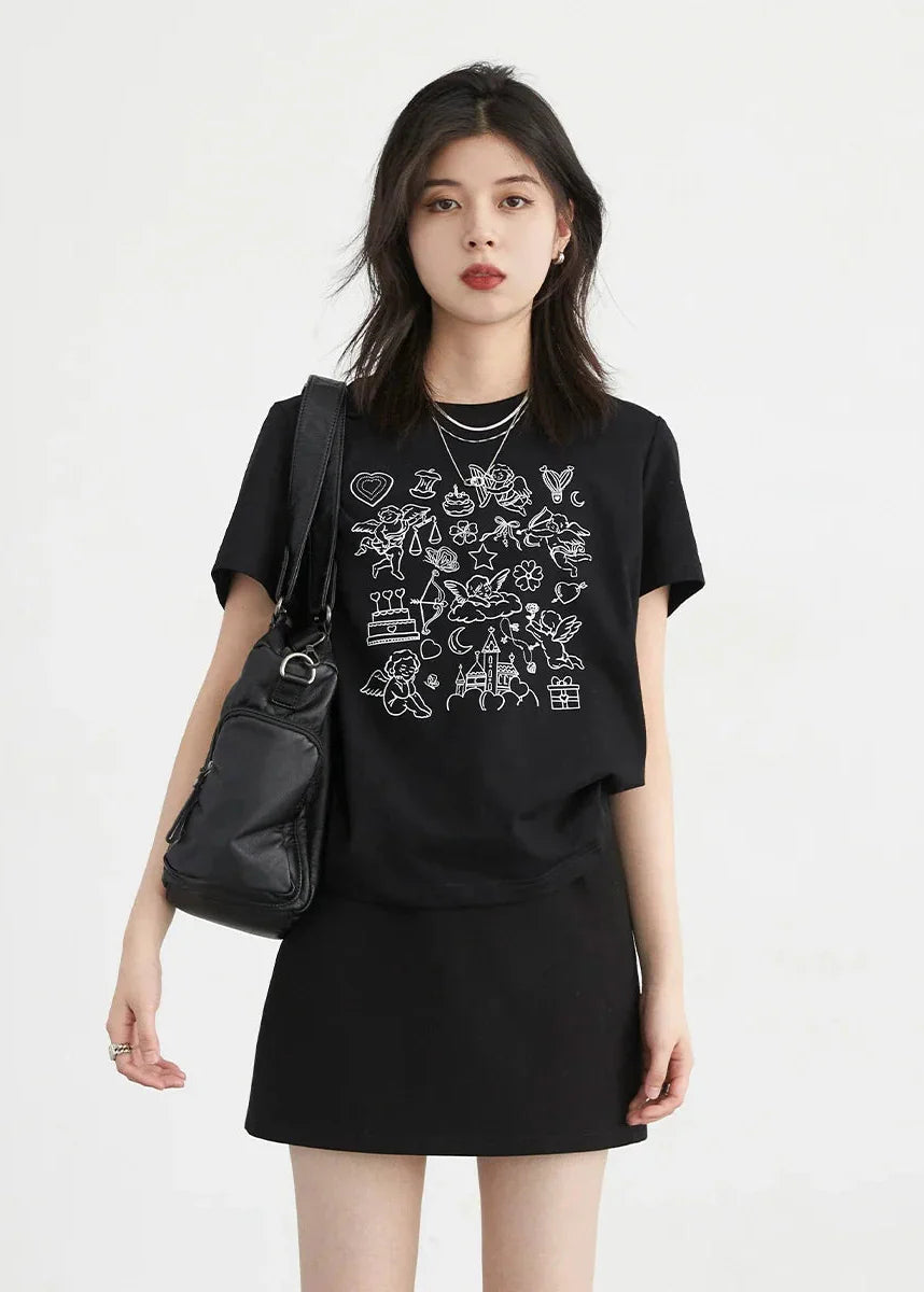 Women’s Printed O-Neck T-Shirt Slim Fit Summer Cotton Tee