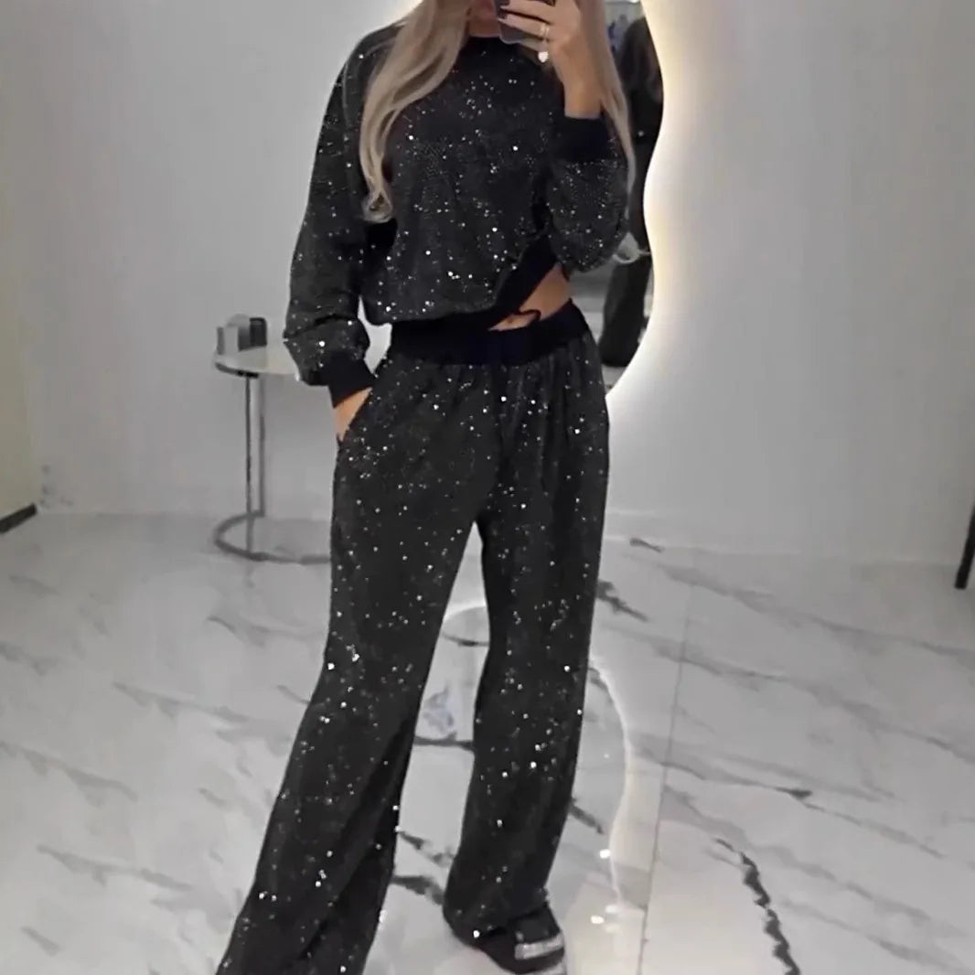 Spring Autumn Fashion Sequin Suit For Women 2025 Elegant O Neck Pullover Tops Lace Up Long Pant 2 Piece Set Lady Sports Suit