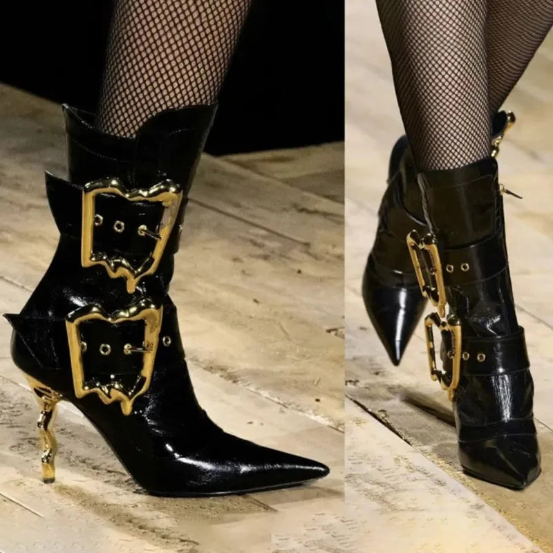 Gold Beltbuckle Decorative Sidezipper Kneehigh Boots Women's Metal High-heeled Versatile Banquet Boots