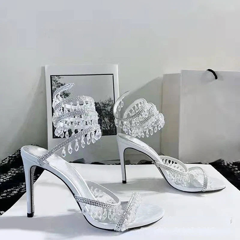 2023 Summer Crystal Pendant Twine Sandals Rhinestone High Heels 10cm Open Toe Women Shoes Party Wedding Bridal Shoes Size 34-43