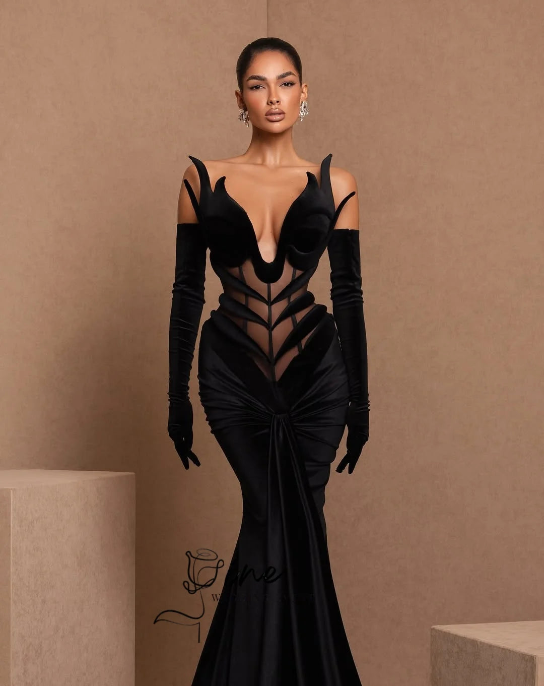 Oine Elegance Black Velvet Mermaid Evening Dresses V Neck Corset Unique Formal Occasion Dress New Design Prom Dress Customized