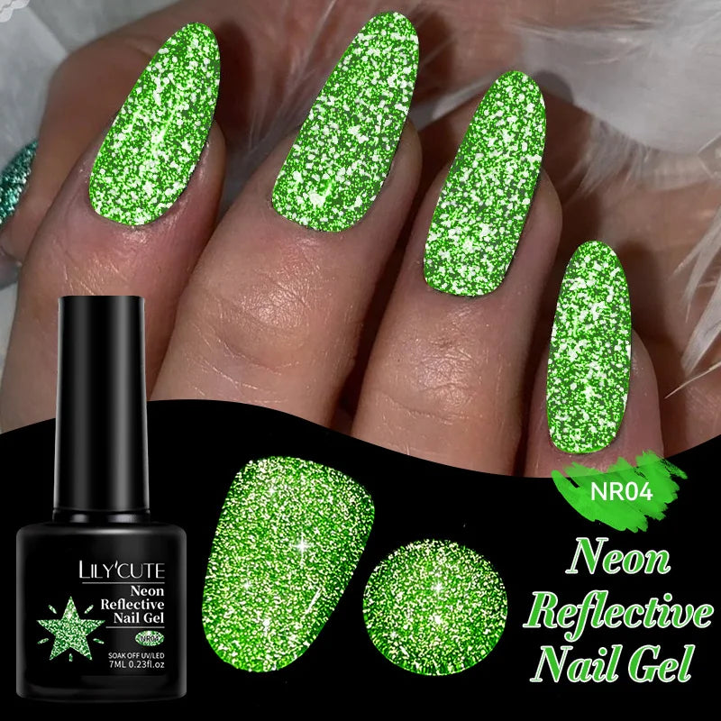 LILYCUTE 7ml Neon Reflective Nail Gel Polish Dark Flash Glitter Effect Fluorescent Gel Soak Off UV Gel Summer Nail Art Varnish