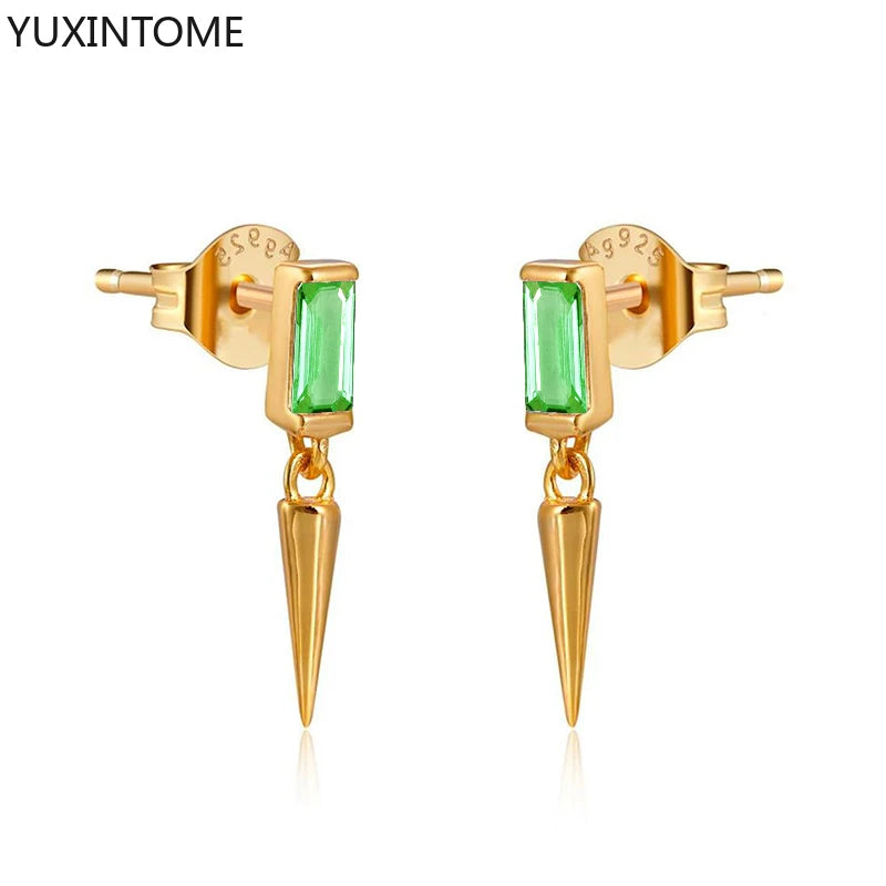 925 Sterling Silver Ear Needle Green Zircon Stud Earrings for Women Luxury Long Chain Geometric Gold Earrings Fashion Jewelry