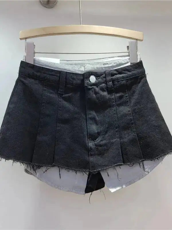 New Fashion Women's Irregular Fake Two-piece A-line Mini Denim Skirts 2026 Autumn Trendy High Waist Skirt Female Fashion XHV4