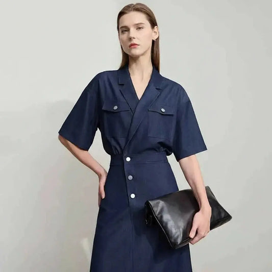 Draped Flip-Neck Denim Shirt Dress
