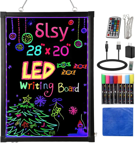 28x20 Inch LED Neon Message Board with Remote, 12 Colors & Flashing Modes, Erasable Menu Sign for Restaurants and Parties