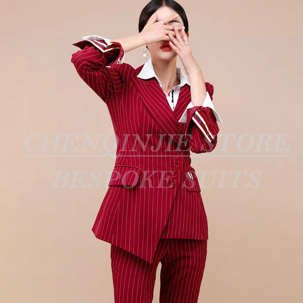 Red Stripe Women's Blazer Fashion Single Breasted Peak Lapel Outfits High Quality Office Lady 2 Pcs Jacket Pants Female Clothing