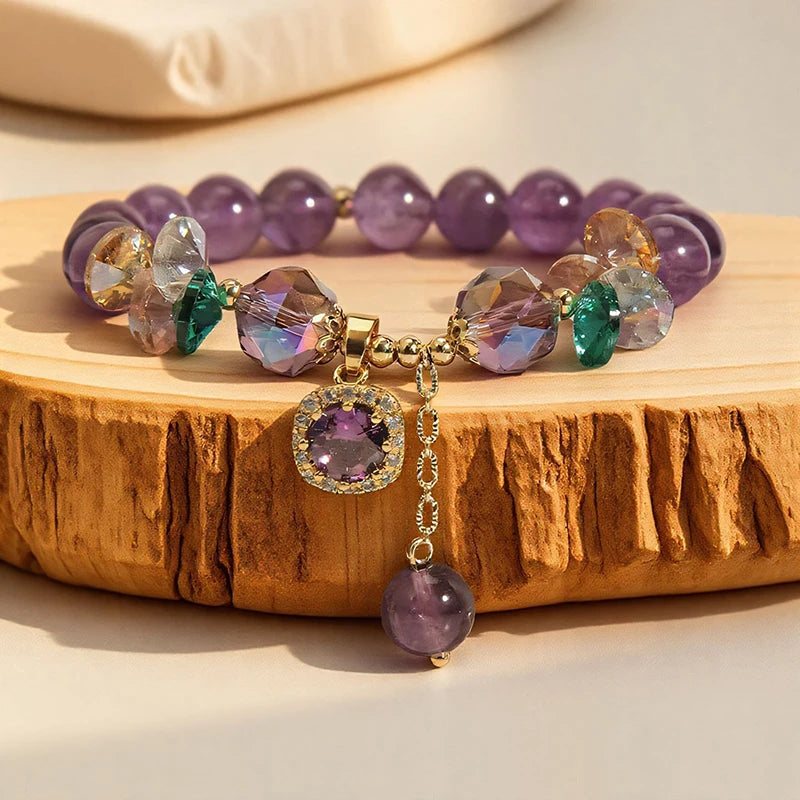 Multicolored beaded bracelet on a wooden surface