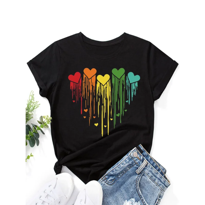 Colorful Dripping Love Print New Fashion Women  Tops Harajuku Women Clothing Graphic T Shirts Summer polyester fabric
