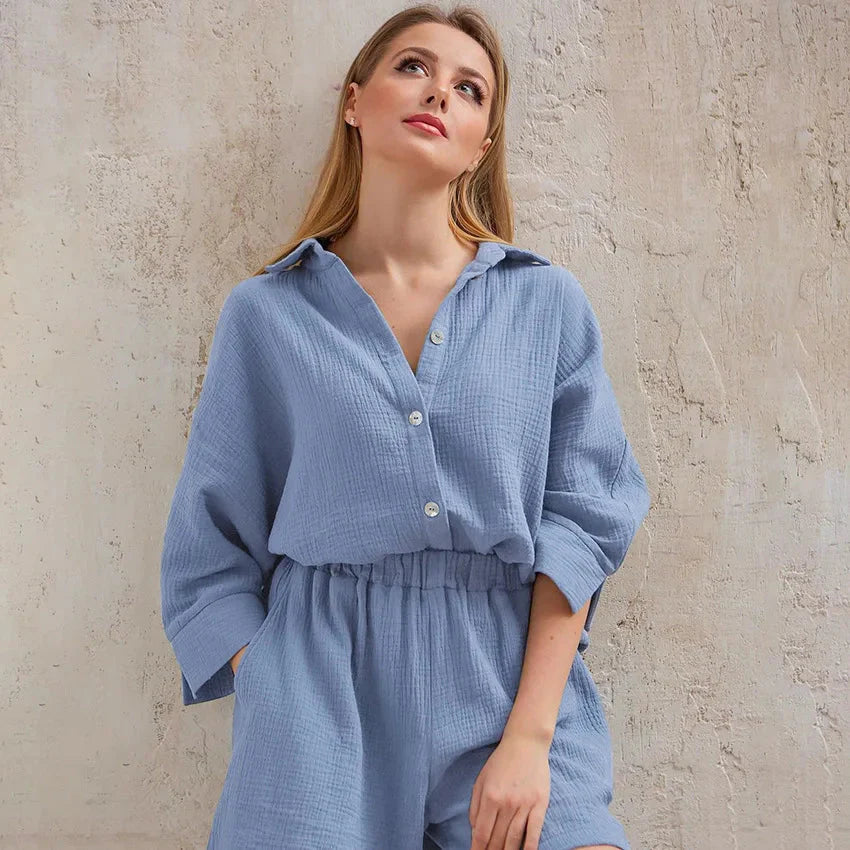 Women's Cotton Pajama Set Casual Collar Sleepwear Suit